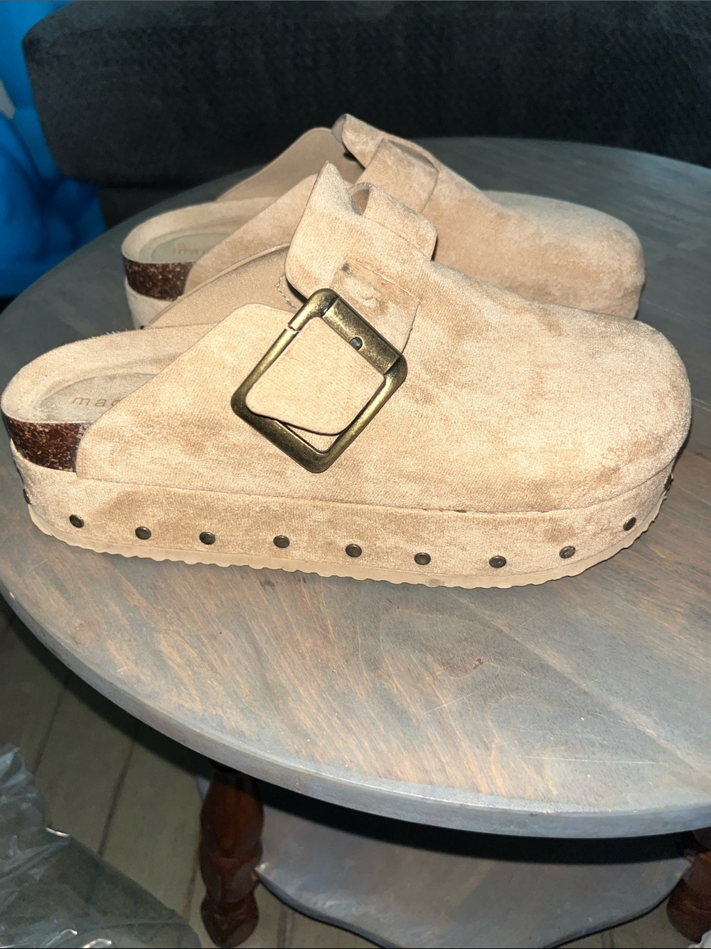 Madden Girl Beige Suede Platform Clogs with Buckle